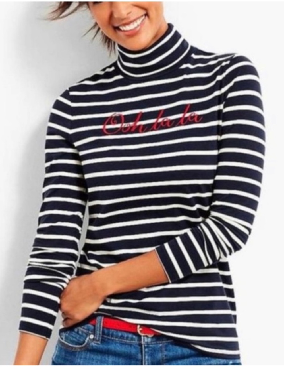 Talbots navy and white striped Ooh La La turtleneck Womens XL French Girl